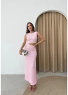 BEL DEKOLTE DETAY GOFRE UZUN ELBİSE PEMBE