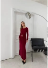 BEL DRAPE AKSESUAR DETAY UZUN SANDY ELBİSE BORDO