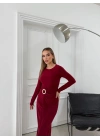 BEL DRAPE AKSESUAR DETAY UZUN SANDY ELBİSE BORDO