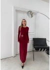 BEL DRAPE AKSESUAR DETAY UZUN SANDY ELBİSE BORDO
