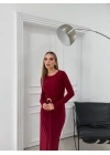 BEL DRAPE AKSESUAR DETAY UZUN SANDY ELBİSE BORDO