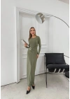 BEL DRAPE AKSESUAR DETAY UZUN SANDY ELBİSE YEŞİL