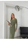 BEL DRAPE AKSESUAR DETAY UZUN SANDY ELBİSE YEŞİL
