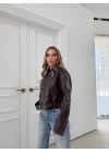 BEL KEMER DETAY DESENLİ FERMUARLI DERİ CEKET BORDO 3131