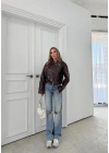 BEL KEMER DETAY DESENLİ FERMUARLI DERİ CEKET BORDO 3131