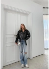 BEL KEMER DETAY DESENLİ FERMUARLI DERİ CEKET SİYAH 3131