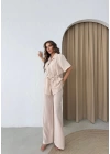 BEL KUŞAKLI DÜĞME DETAY BLUZ VE PANTOLONLU KETEN İKİLİ TAKIM KREM