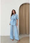 BEL KUŞAKLI DÜĞME DETAY BLUZ VE PANTOLONLU KETEN İKİLİ TAKIM MAVİ