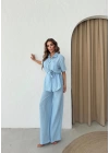BEL KUŞAKLI DÜĞME DETAY BLUZ VE PANTOLONLU KETEN İKİLİ TAKIM MAVİ