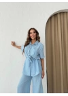 BEL KUŞAKLI DÜĞME DETAY BLUZ VE PANTOLONLU KETEN İKİLİ TAKIM MAVİ