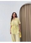 BEL KUŞAKLI DÜĞME DETAY BLUZ VE PANTOLONLU KETEN İKİLİ TAKIM SARI