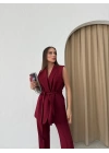 BEL KUŞAKLI İÇ ASTARLI YELEK VE PANTOLONLU İKİLİ TAKIM BORDO