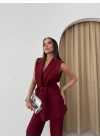 BEL KUŞAKLI İÇ ASTARLI YELEK VE PANTOLONLU İKİLİ TAKIM BORDO