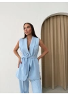 BEL KUŞAKLI İÇ ASTARLI YELEK VE PANTOLONLU İKİLİ TAKIM MAVİ