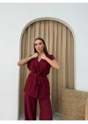 BEL KUŞAKLI YELEK VE PANTOLONLU İKİLİ TAKIM BORDO