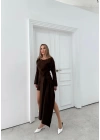 BEL ŞAL BAGLAMA DETAY KAYIK YAKA TRİKO ELBİSE KAHVE