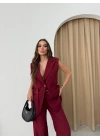 BELİ KEMERLİ YELEK VE PANTOLONLU İKİLİ TAKIM BORDO