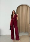 BELİ KEMERLİ YELEK VE PANTOLONLU İKİLİ TAKIM BORDO