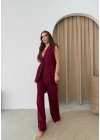 BELİ KEMERLİ YELEK VE PANTOLONLU İKİLİ TAKIM BORDO