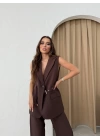BELİ KEMERLİ YELEK VE PANTOLONLU İKİLİ TAKIM KAHVE