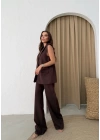 BELİ KEMERLİ YELEK VE PANTOLONLU İKİLİ TAKIM KAHVE