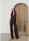 BELİ KEMERLİ YELEK VE PANTOLONLU İKİLİ TAKIM KAHVE