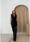 BELİ KEMERLİ YELEK VE PANTOLONLU İKİLİ TAKIM SİYAH