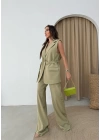 BELİ KEMERLİ YELEK VE PANTOLONLU İKİLİ TAKIM YEŞİL