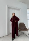 BOĞAZLI SIFIR KOL UZUN ELBİSE VE YELEKLİ İKİLİ TRİKO TAKIM BORDO