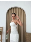 BOYUN BAGLAMA YAKA AKSESUAR DETAY UZUN DRAPELİ SANDY ELBİSE BEYAZ 1302
