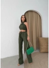BOYUNDAN BAĞLAMALI BLUZ VE PANTOLONLU KETEN İKİLİ TAKIM HAKİ