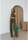 BOYUNDAN BAĞLAMALI BLUZ VE PANTOLONLU KETEN İKİLİ TAKIM HAKİ
