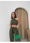 BOYUNDAN BAĞLAMALI BLUZ VE PANTOLONLU KETEN İKİLİ TAKIM HAKİ