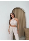 BOYUNDAN BAĞLAMALI BLUZ VE PANTOLONLU KETEN İKİLİ TAKIM KREM