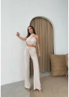 BOYUNDAN BAĞLAMALI BLUZ VE PANTOLONLU KETEN İKİLİ TAKIM KREM