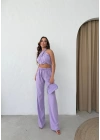 BOYUNDAN BAĞLAMALI BLUZ VE PANTOLONLU KETEN İKİLİ TAKIM LİLA