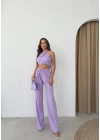 BOYUNDAN BAĞLAMALI BLUZ VE PANTOLONLU KETEN İKİLİ TAKIM LİLA