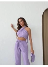 BOYUNDAN BAĞLAMALI BLUZ VE PANTOLONLU KETEN İKİLİ TAKIM LİLA