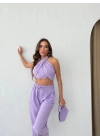 BOYUNDAN BAĞLAMALI BLUZ VE PANTOLONLU KETEN İKİLİ TAKIM LİLA
