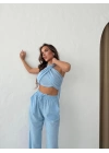 BOYUNDAN BAĞLAMALI BLUZ VE PANTOLONLU KETEN İKİLİ TAKIM MAVİ