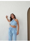 BOYUNDAN BAĞLAMALI BLUZ VE PANTOLONLU KETEN İKİLİ TAKIM MAVİ