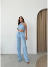 BOYUNDAN BAĞLAMALI BLUZ VE PANTOLONLU KETEN İKİLİ TAKIM MAVİ