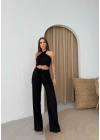 BOYUNDAN BAĞLAMALI BLUZ VE PANTOLONLU KETEN İKİLİ TAKIM SİYAH