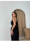 BOYUNDAN BAĞLAMALI BLUZ VE PANTOLONLU KETEN İKİLİ TAKIM SİYAH
