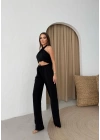 BOYUNDAN BAĞLAMALI BLUZ VE PANTOLONLU KETEN İKİLİ TAKIM SİYAH