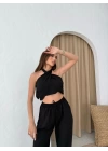 BOYUNDAN BAĞLAMALI BLUZ VE PANTOLONLU KETEN İKİLİ TAKIM SİYAH