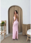 BOYUNDAN BAĞLAMALI GOFRE UZUN ELBİSE PEMBE