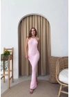 BOYUNDAN BAĞLAMALI GOFRE UZUN ELBİSE PEMBE