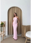 BOYUNDAN BAĞLAMALI GOFRE UZUN ELBİSE PEMBE