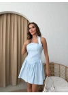 BOYUNDAN BAĞLAMALI KLOŞ ETEK ELBİSE MAVİ